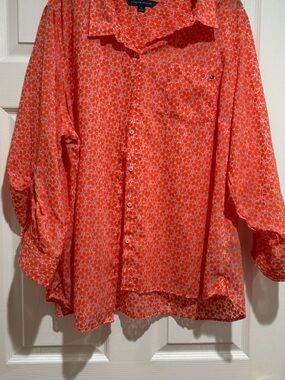 Tommy Hilfiger Woman Blouse Orange Geometric Print Button-Down Shirt Size 2X